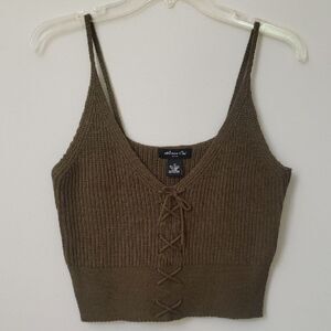 Anna Cai New York Top Womens Rib Knit Lace-Up Crop Tank Casual 90s Y2K